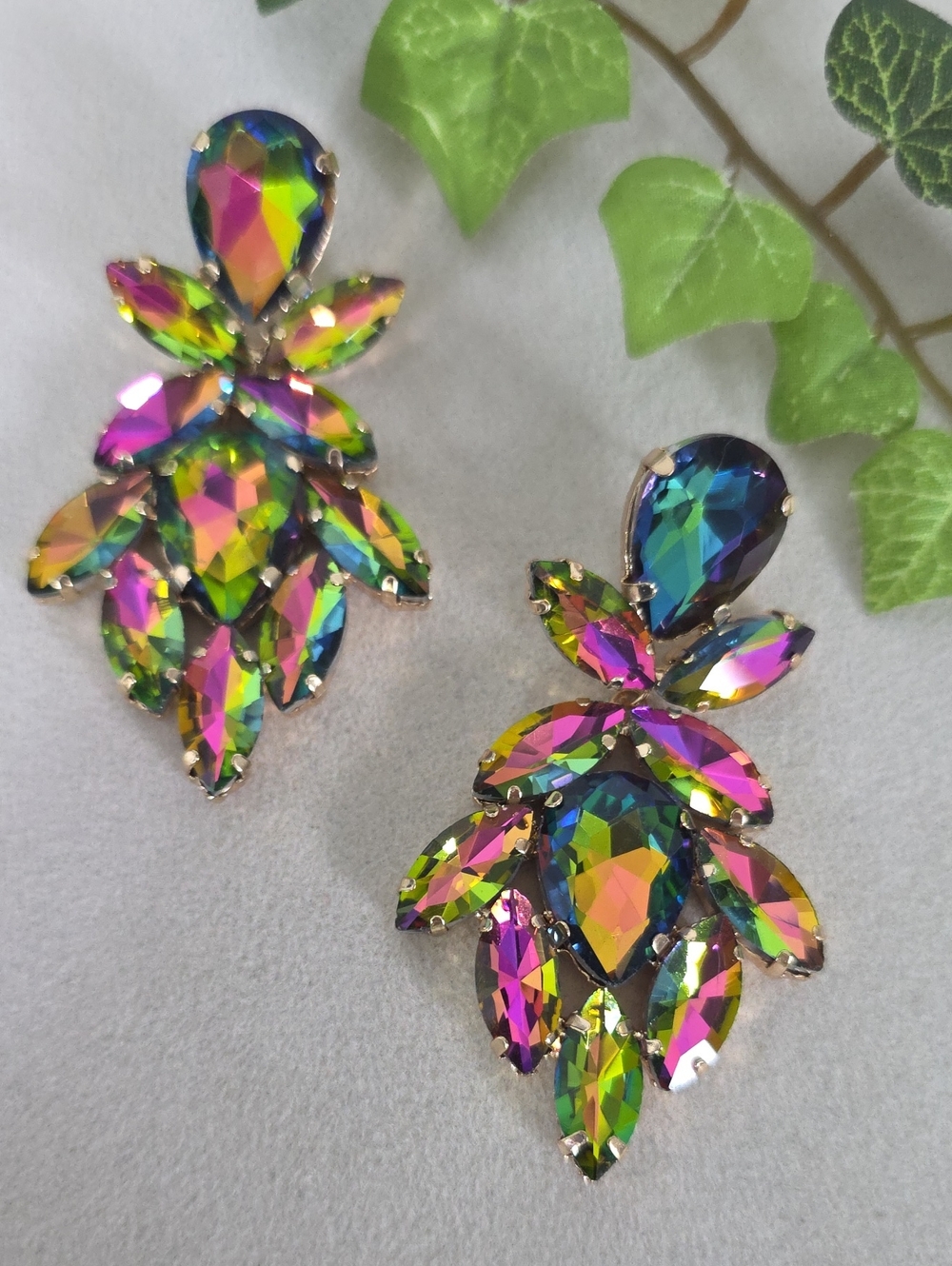 AB Iridescent Multi-Color Statement Earrings Gold Tone Glam